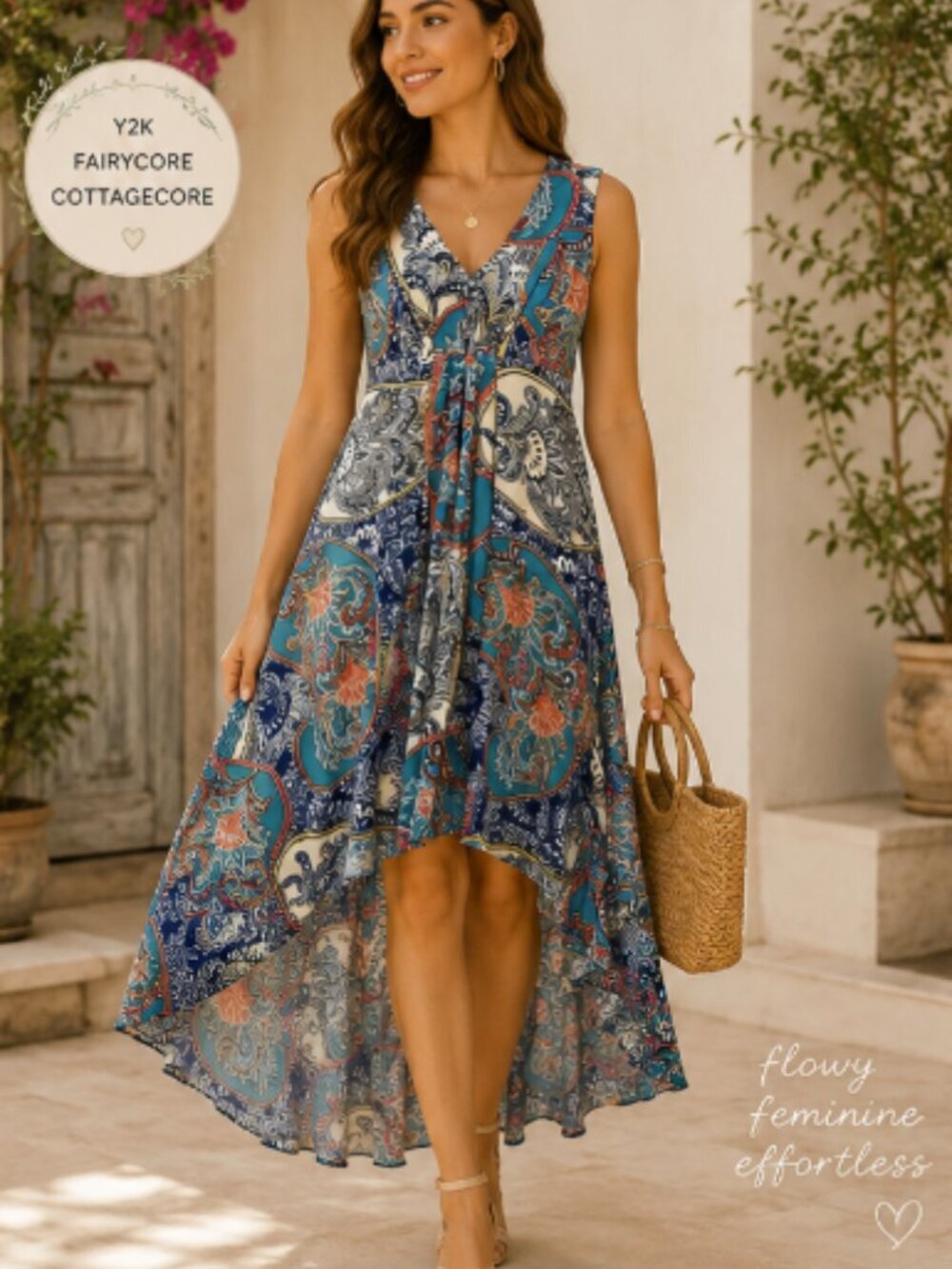 Women's Petite 8 Paisley Midi Dress Boho Fairycore Flowy Sleeveless Y2K Resort